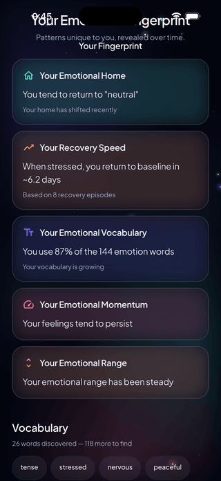 Restorae Fingerprint screen showing Emotional Home, Vocabulary, Momentum and Range cards, plus a matched program recommendation